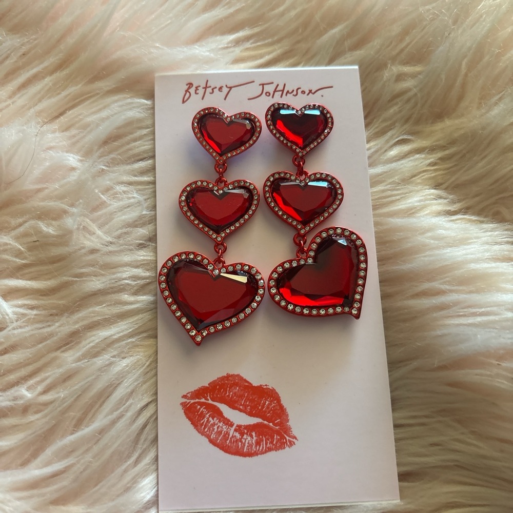 Betsey Johnson Red Layered Crystal Heart Drop Earrings